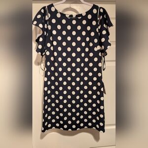 ELIZA J NEW Women's $138 Shift Dress Blue White Polka Dots Cold Shoulder Stretch